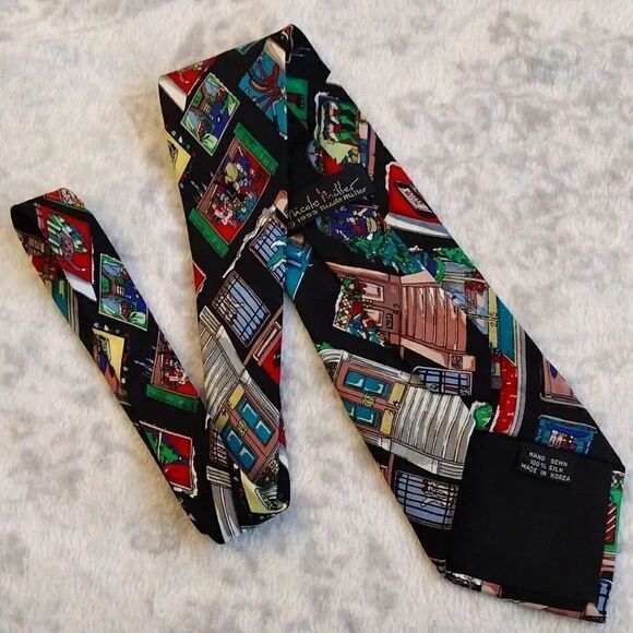 VTG 90s Nicole Miller Christmas In The City Print Hand Sewn Silk Neck Tie - Picture 11 of 14
